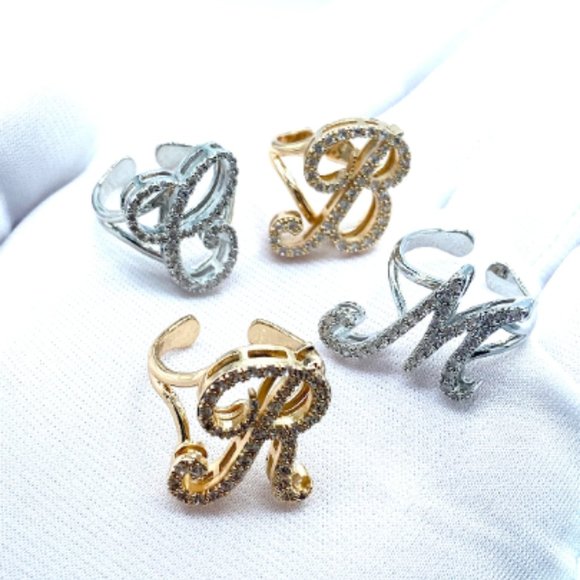 24 KT Gold Filled Initial Ring Adjustable Large Alphabet Letter Ring CZ - Picture 3 of 3